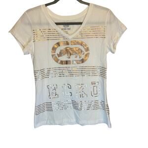 Ecko Red Y2K White Baby Tee with Rose Gold Foil Logo Print Large